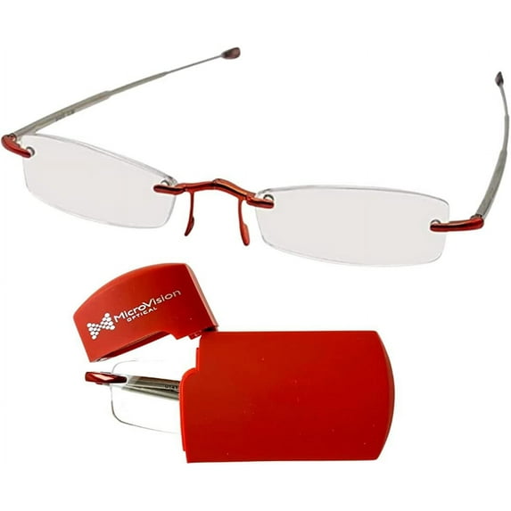MicroVision Optical Executive Rimless Folding Reading Glasses With Compact Case For Women and Men, Slim, Lightweight Portable
