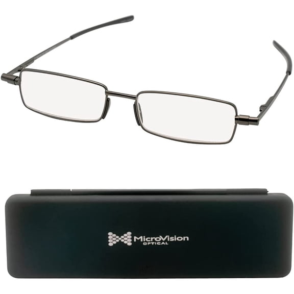 Microvision Flat Folding Reading Glasses, Gunmetal Frame, 2.5x Magnification For Women and Men, Compact, Portable, Durable