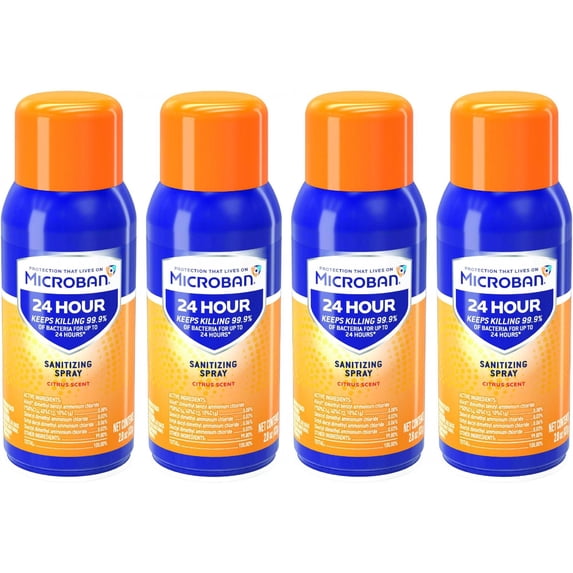 Microban 24 Hour Disinfectant Sanitizing Spray, Citrus Scent, 2.8 fl oz, Pack of 4