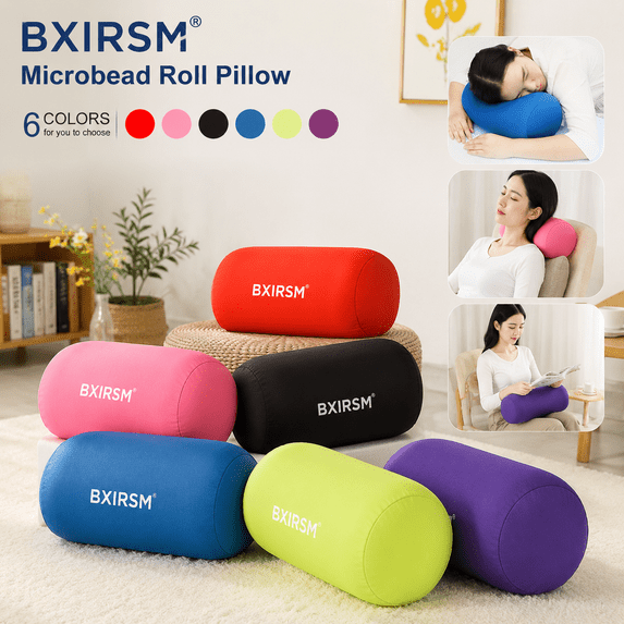 Microbead Roll Pillow 15"x6", Cylinder Bolster Cushion for Office Nap Desk Sleeping, Foam Bead Neck Waist Support Pillow for Travel Home Sofa