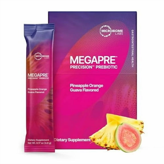 Microbiome Labs MegaPre Prebiotic Fiber Powder for Women, Men & Kids - Pre-Dosed Prebiotic Fiber Supplement Powder with Clinically Tested Oligosaccharides - Pineapple Orange Guava 30 Drink Packets