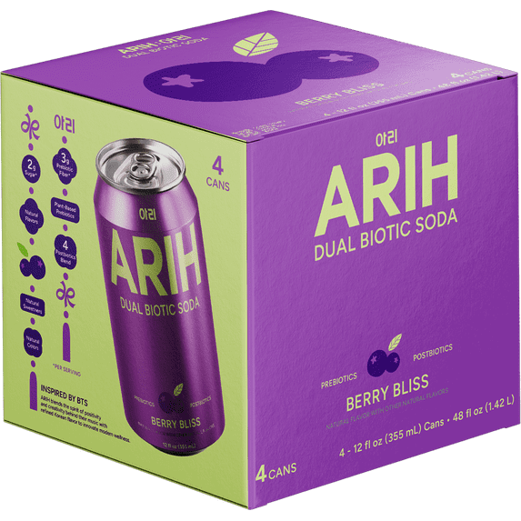 ARIH Dual Biotic Soda, Functional Prebiotic and Postbiotic Soda, Low Sugar, Berry Bliss, 12 fl oz, 4 Pack