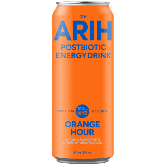 ARIH Postbiotic Energy Drink, Zero Sugar Clean Energy Drink with 100mg Natural Caffeine, Orange Hour, 12 fl oz