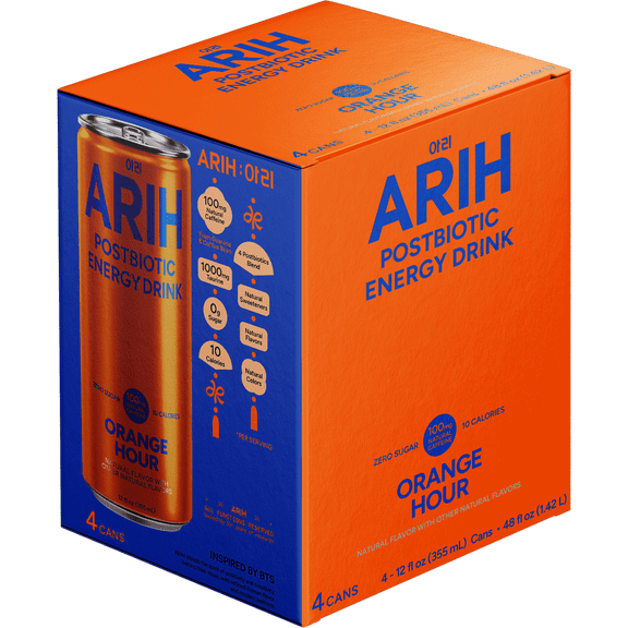 ARIH Postbiotic Energy Drink, Zero Sugar Clean Energy Drink with 100mg Natural Caffeine, Orange Hour, 12 fl oz, 4 Pack