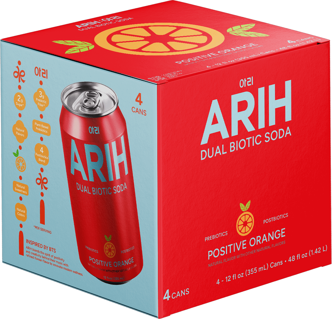 ARIH Dual Biotic Soda, Functional Prebiotic and Postbiotic Soda, Low Sugar, Positive Orange, 12 fl oz, 4 Pack