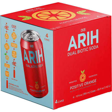 ARIH Dual Biotic Soda, Functional Prebiotic and Postbiotic Soda, Low Sugar, Positive Orange, 12 fl oz, 4 Pack