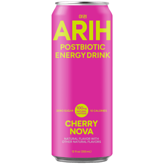 ARIH Postbiotic Energy Drink, Zero Sugar Clean Energy Drink with 100mg Natural Caffeine, Cherry Nova, 12 fl oz