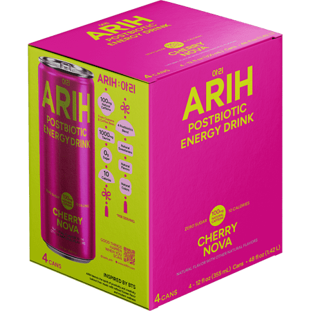 ARIH Postbiotic Energy Drink, Zero Sugar Clean Energy Drink with 100mg Natural Caffeine, Cherry Nova, 12 fl oz, 4 Pack