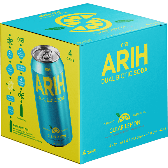 ARIH Dual Biotic Soda, Functional Prebiotic and Postbiotic Soda, Low Sugar, Clear Lemon, 12 fl oz, 4 Pack