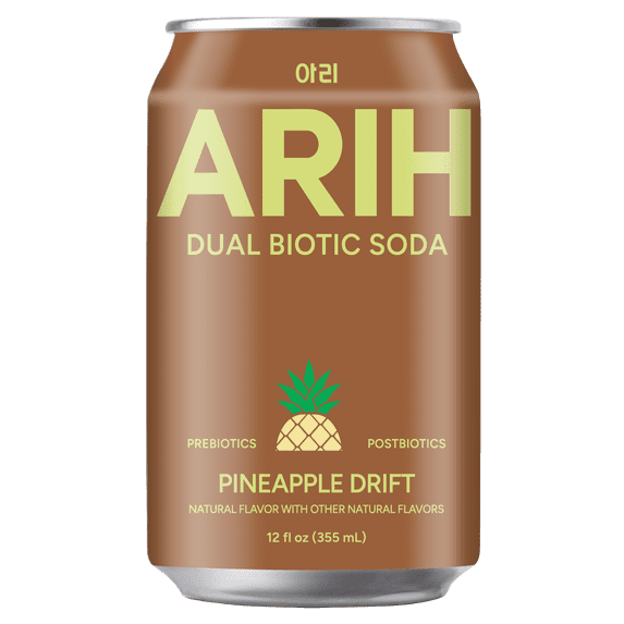 ARIH Dual Biotic Soda, Functional Prebiotic and Postbiotic Soda, Low Sugar, Pineapple Drift, 12 fl oz