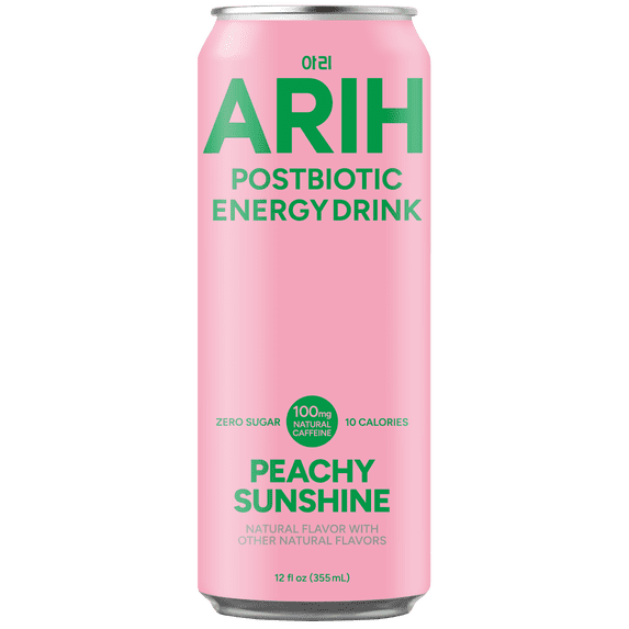 ARIH Postbiotic Energy Drink, Zero Sugar Clean Energy Drink with 100mg Natural Caffeine, Peachy Sunshine, 12 fl oz
