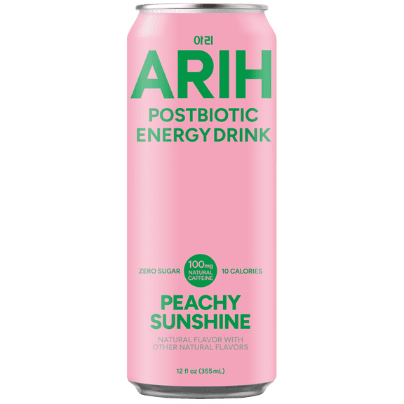 ARIH Postbiotic Energy Drink, Zero Sugar Clean Energy Drink with 100mg Natural Caffeine, Peachy Sunshine, 12 fl oz
