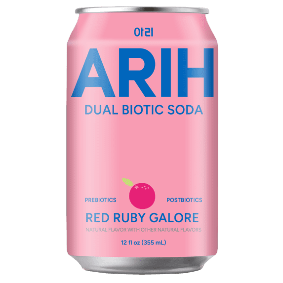 ARIH Dual Biotic Soda, Functional Prebiotic and Postbiotic Soda, Low Sugar, Red Ruby Galore, 12 fl oz