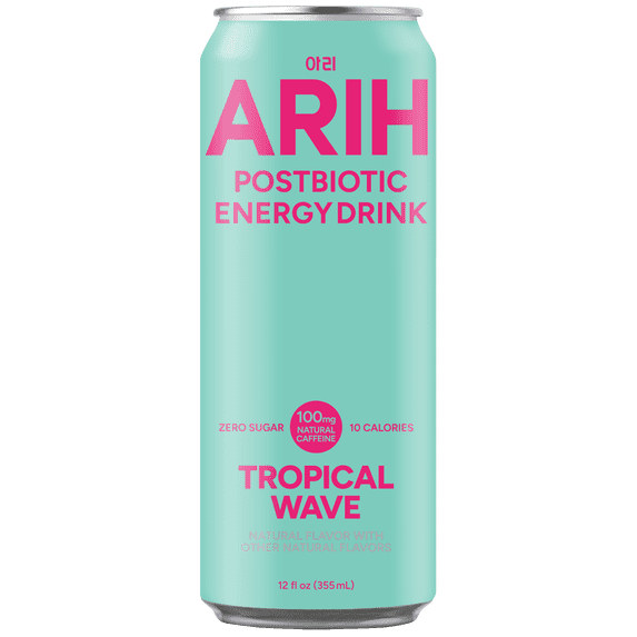 ARIH Postbiotic Energy Drink, Zero Sugar Clean Energy Drink with 100mg Natural Caffeine, Tropical Wave, 12 fl oz