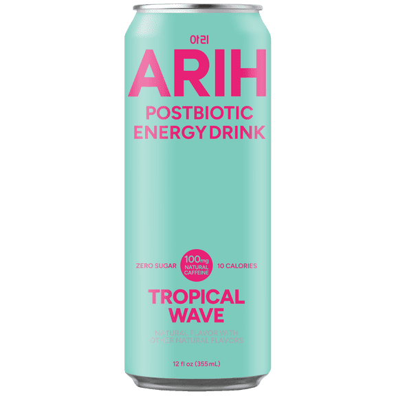 ARIH Postbiotic Energy Drink, Zero Sugar Clean Energy Drink with 100mg Natural Caffeine, Tropical Wave, 12 fl oz