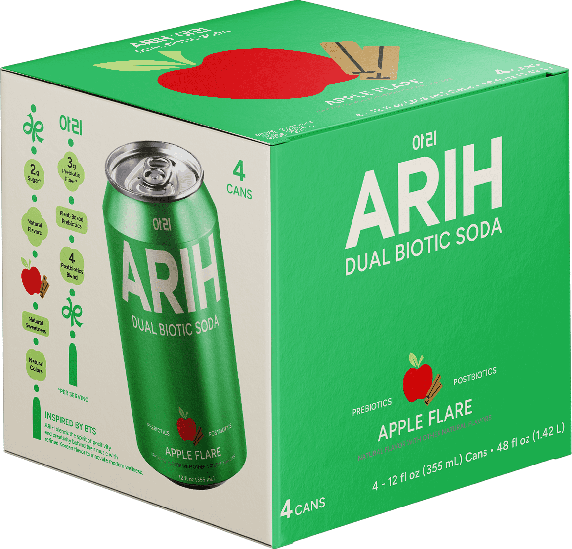 ARIH Dual Biotic Soda, Functional Prebiotic and Postbiotic Soda, Low Sugar, Apple Flare, 12 fl oz, 4 Pack