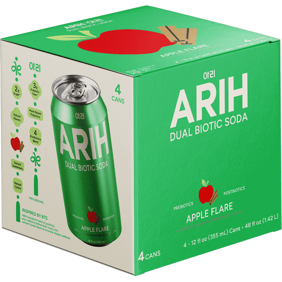 ARIH Dual Biotic Soda, Functional Prebiotic and Postbiotic Soda, Low Sugar, Apple Flare, 12 fl oz, 4 Pack