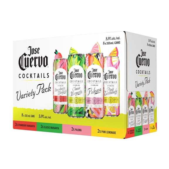 Jose Cuervo Sparkling Cocktails Variety Pack Classic, Strawberry, Paloma, and Pink Lemonade, 8 pack, 355 ml Cans, 5.9% ABV