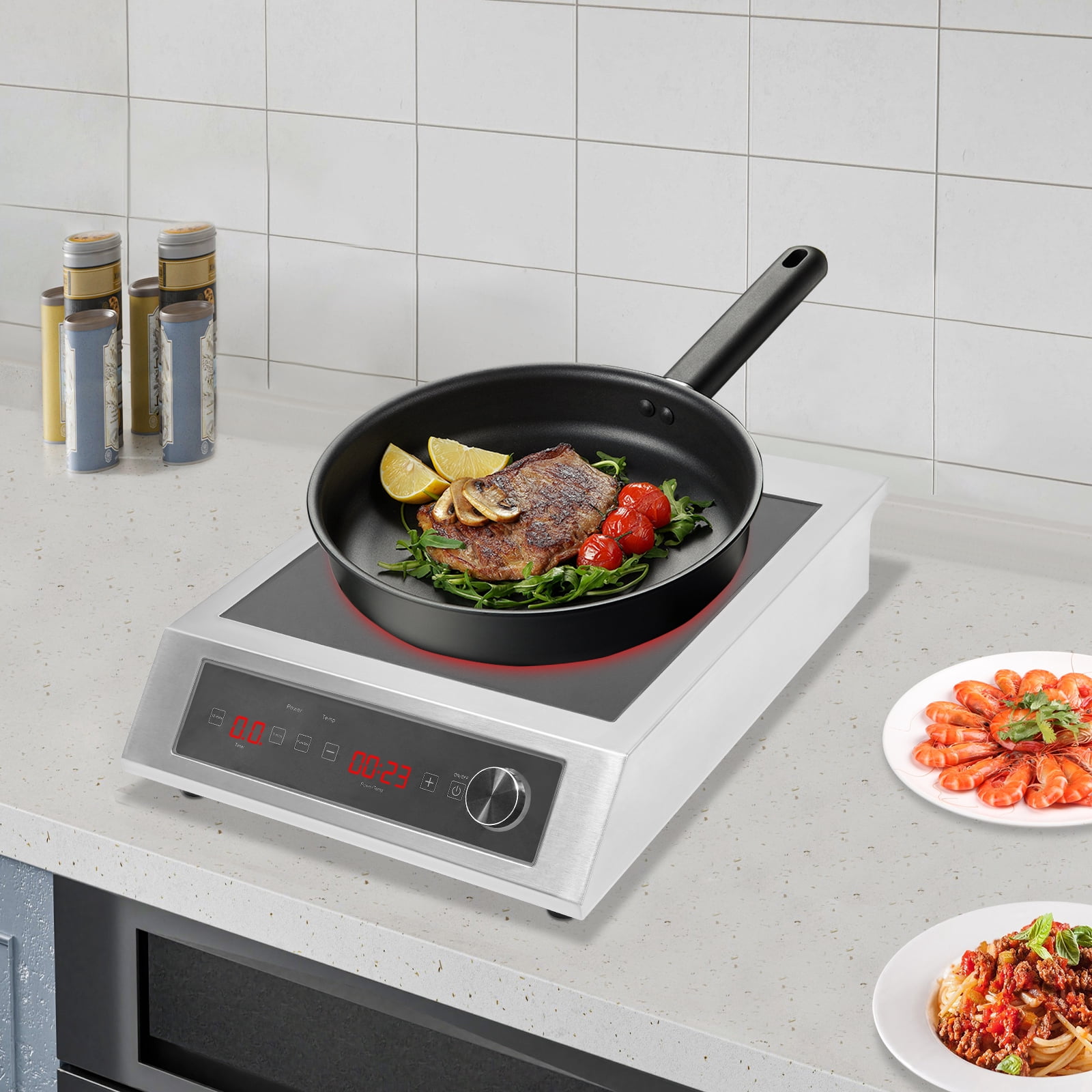 Microcrystalline Glass Induction Cooktop with Knob+Touch Control – 280℃ Max Temp, 9.84in Pan Compatibility, Silver – for Stalls & Food Stalls