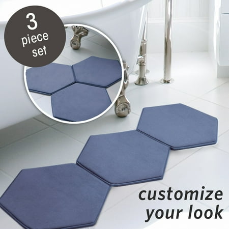 Microdry Memory Foam HD Modular Hexagon Bath Mat Set with GripTex Skid-Resistant Base, 19" x 17", Blue (3-Piece)