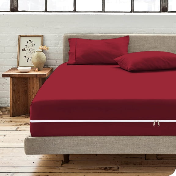 Microfiber 3 Pcs Zipper Fitted Sheet Full Size, Include 1 Zipper Fitted Sheet (54X75) 14"Inch Deep Pocket With 2 Pillowcase (20X30) Soft and Easy to Put - Burgundy Color