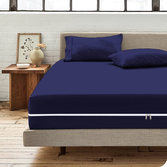 Microfiber 3 Pcs Zipper Fitted Sheet Full Size, Include 1 Zipper Fitted Sheet (54X75) 14"Inch Deep Pocket With 2 Pillowcase (20X30) Soft and Easy to Put - Navy Blue Color