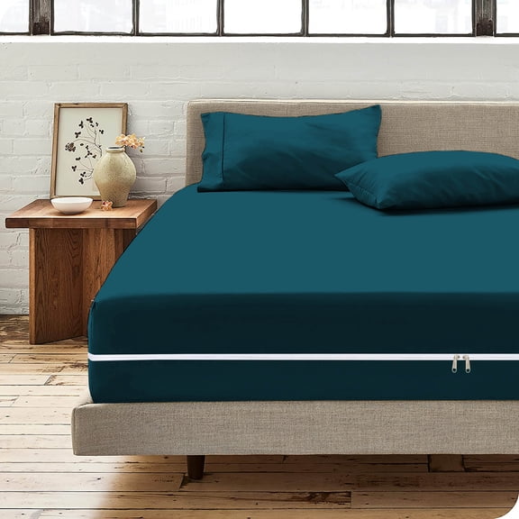 Microfiber 3 Pcs Zipper Fitted Sheet Twin Size, Include 1 Zipper Fitted Sheet (39X75) 10 "Inch Deep Pocket With 2 Pillow Cover (20X30) Soft and Easy to Put - Teal Color