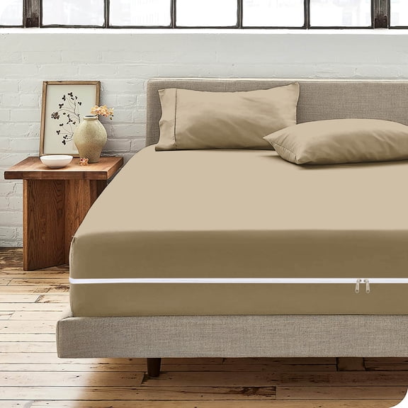 Microfiber 3 Pcs Zipper Fitted Sheet Twin Size, Include 1 Zipper Fitted Sheet (39X75) 12"Inch Deep Pocket With 2 Pillow Cover (20X30) Soft and Easy to Put - Taupe Color