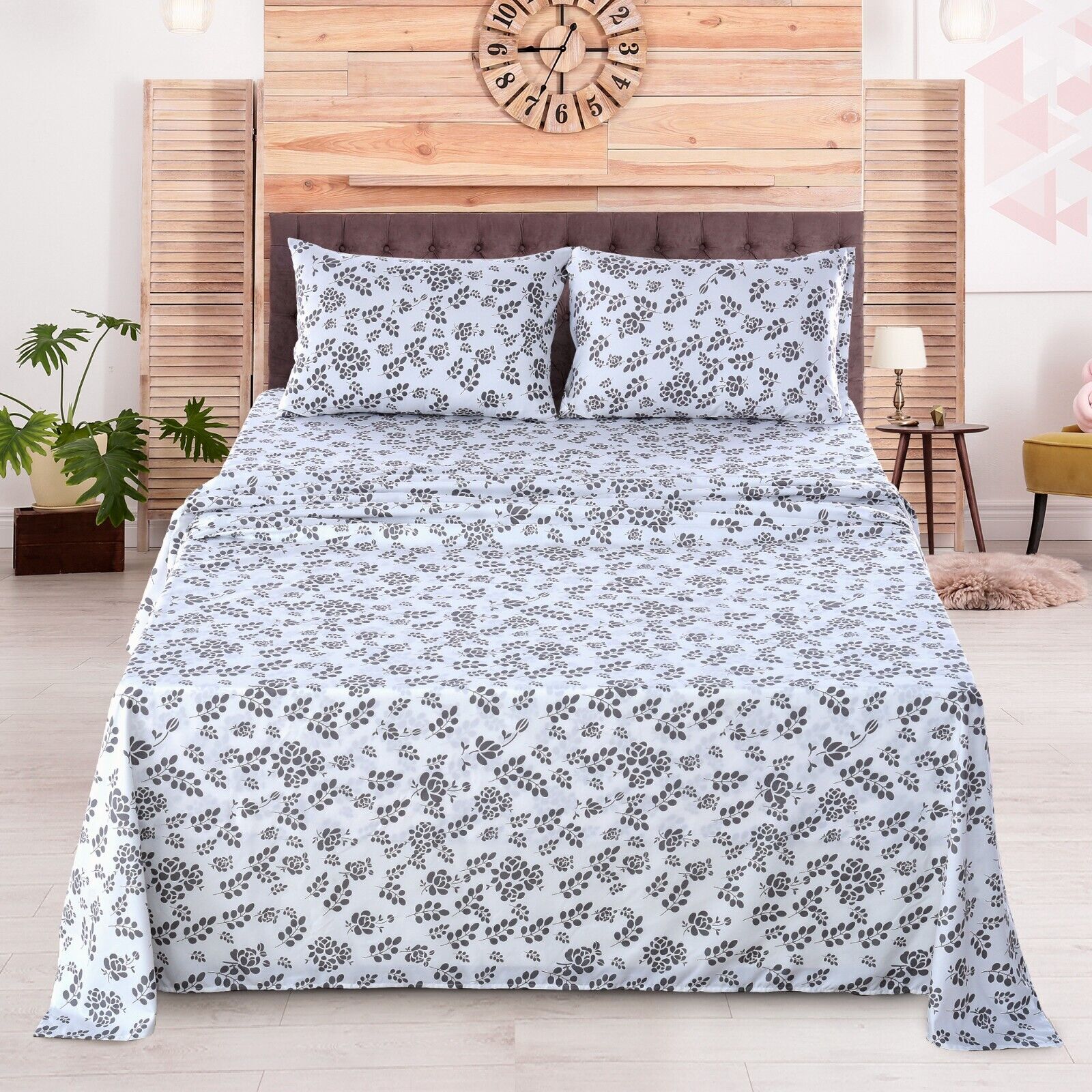 Microfiber 4 Piece Floral Bed Sheet Set Queen King Full Hotel Quality