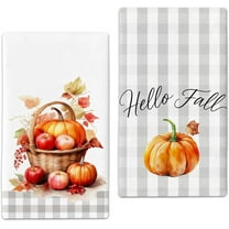 Microfiber Apple Pumpkin Basket Fall Kitchen Towels Decor Set of 2,Grey Plaid Autumn Dish Towel 18"x26",Farmhouse Indoor Thanksgiving Halloween Seasonal Home Decorations Hand Towels, Gift for Women