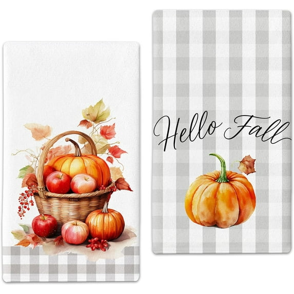 Microfiber Apple Pumpkin Basket Fall Kitchen Towels Decor Set of 2,Grey Plaid Autumn Dish Towel 18"x26",Farmhouse Indoor Thanksgiving Halloween Seasonal Home Decorations Hand Towels, Gift for Women