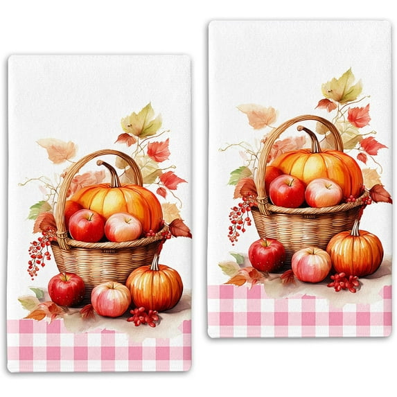 Microfiber Apple Pumpkin Basket Fall Kitchen Towels Decor Set of 2,Grey Plaid Autumn Dish Towel 18"x26",Farmhouse Indoor Thanksgiving Halloween Seasonal Home Decorations Hand Towels, Gift for Women