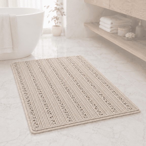Primebeau Chenille Shaggy Rug Solid Print Striped Microfiber Polyester Bath Rugs, 20" x 32", Cream Color
