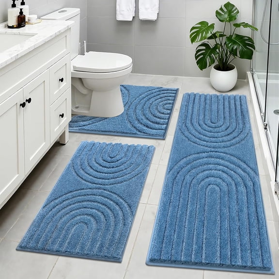 Microfiber Bathroom Rug Set 3 Piece, Super Absorbent Non Slip Bath Mats and U-Shaped Contour Toilet Rugs, Washable Shower Tub Carpet, Blue