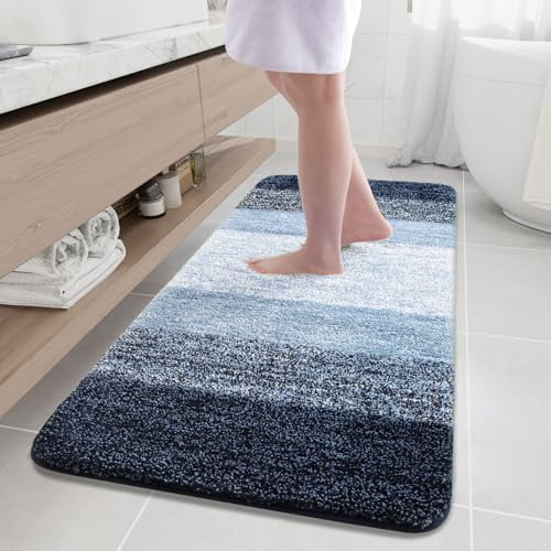 Microfiber Bathroom Rugs, Shaggy Soft and Absorbent Bath Rug, Non-Slip, Thick Plush Machine Washable Dry Bath Mats for Bathroom, Tub and Shower, 59x24, Dark Blue, Rectangular