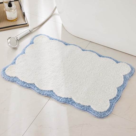 Microfiber Bathroom Rugs, White Bath Rug with Blue Scalloped Piping Cute Aesthetic Preppy Bath Mat for Bathroom, Tub, Floor Carpet, Sink, Shower, Anti Slip, Absorbent,