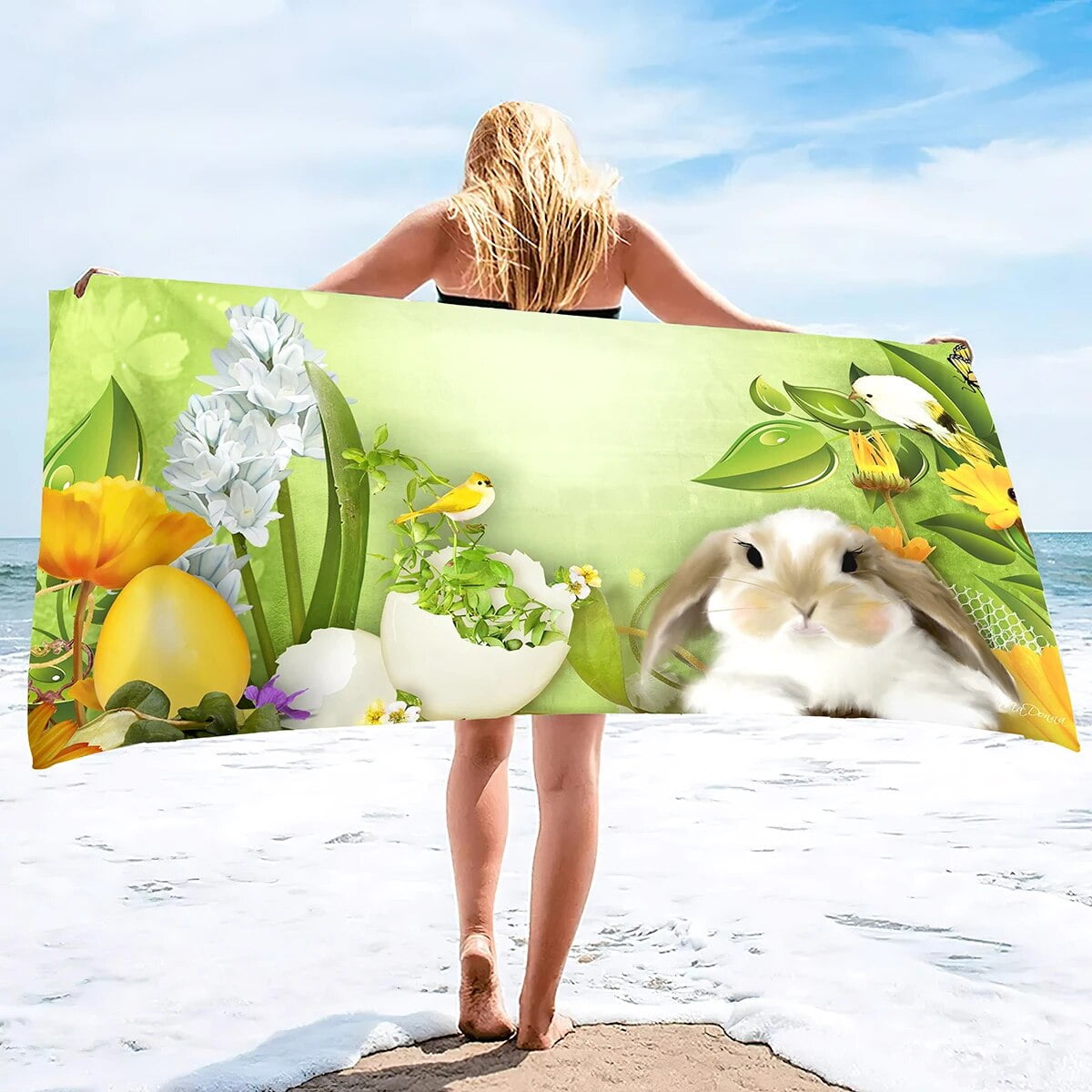 Microfiber Beach Towel Easter Egg with Bunnies Quick Dry Towel Soft