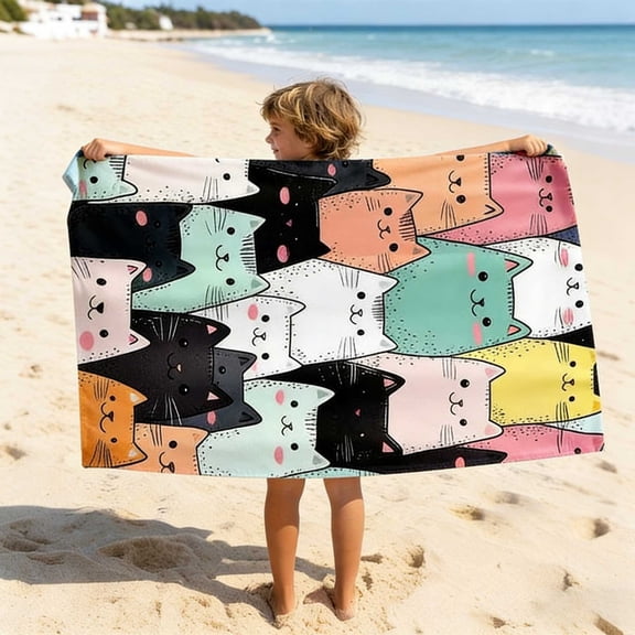 Microfiber Beach Towel Large Absorbent Sand-Free Travel Towel With Cute Kitty Design for Pool Gym Bath Soft Lightweight Fast-Drying