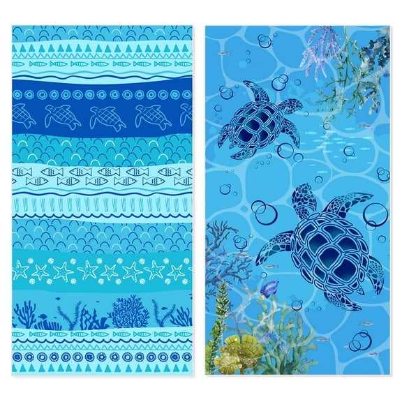 Microfiber Beach Towel, Oversized Pool Towel 72" x 36", Sand-Free Beach Towel, Quick Drying, Super Absorbent, Soft Breathable(2 Pack Sea Floor+Turtle)