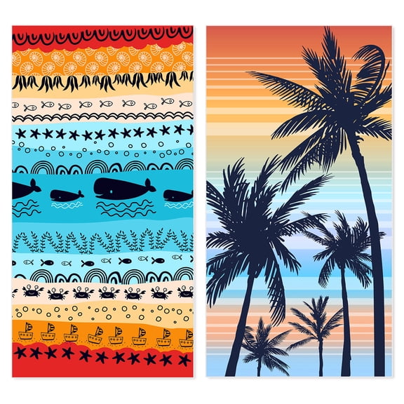 Microfiber Beach Towel, Oversized Pool Towel 72" x 36", Sand-Free Beach Towel, Quick Drying, Super Absorbent, Soft Breathable(2 Pack Whale+Coconut Tree)