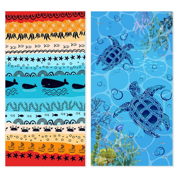 Microfiber Beach Towel, Oversized Pool Towel 72" x 36", Sand-Free Beach Towel, Quick Drying, Super Absorbent, Soft Breathable(2 Pack Whale+Turtle)