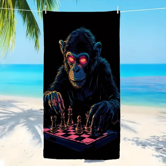 Microfiber Beach Towel - Soft, lightweight, quick-drying towel with a fun design, including a monkey playing chess on a black background. It has sand protection