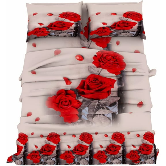 Microfiber Bed Sheet Set Lightweight Set - Flat Sheet Fitted Sheet Pillowcases - Extra Soft Shrinkage & Fade Resistant with Deep Pockets up tp 16” Mattress (Full, Red Roses)