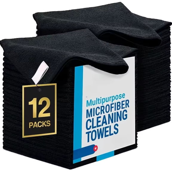 Microfiber Car Cleaning Towels, Black, Soft Quick Drying, Double Layer, Multipurpose for Windows Mirrors Wiping, 12 Pack