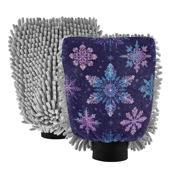 Microfiber Car Wash Gloves With Chenille & Polyester Terry Scratch-Free Cleaning Elastic Cuffs Blue Purple Snowflake