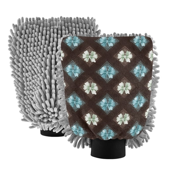 Microfiber Car Wash Gloves With Chenille & Polyester Terry Scratch-Free Cleaning Elastic Cuffs Bows on A Brown&blue
