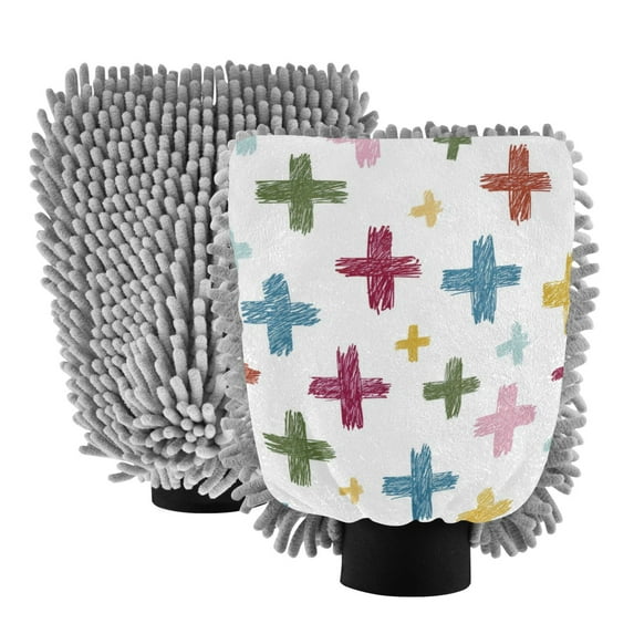 Microfiber Car Wash Gloves With Chenille & Polyester Terry Scratch-Free Cleaning Elastic Cuffs Colorful Hand-drawn Crosses