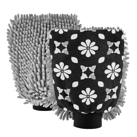 Microfiber Car Wash Gloves With Chenille & Polyester Terry Scratch-Free Cleaning Elastic Cuffs Florals