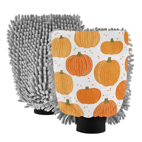Microfiber Car Wash Gloves With Chenille & Polyester Terry Scratch-Free Cleaning Elastic Cuffs Orange Pumpkins