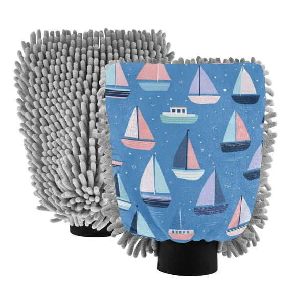 Microfiber Car Wash Gloves With Chenille & Polyester Terry Scratch-Free Cleaning Elastic Cuffs Seamless Pattern with Sailboats